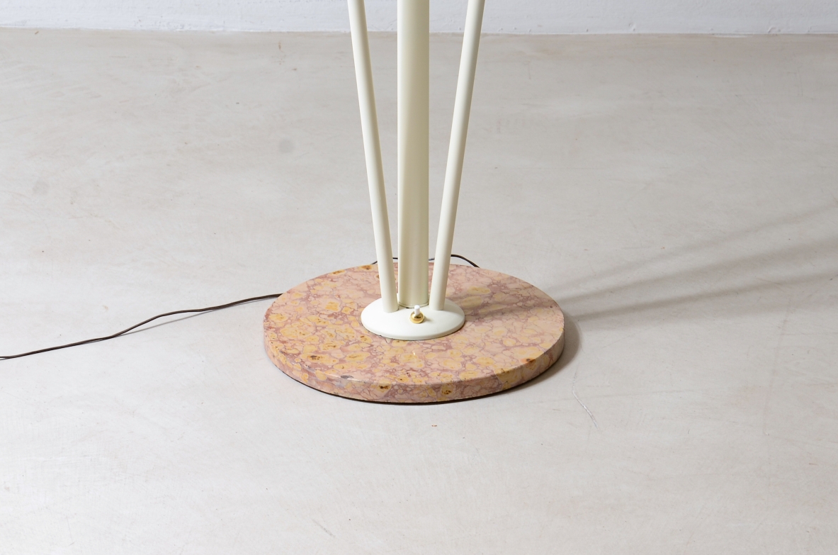 Three-arm floor lamp in painted metal with rattan shades and fabric fringes, Italian manufacture 1950's