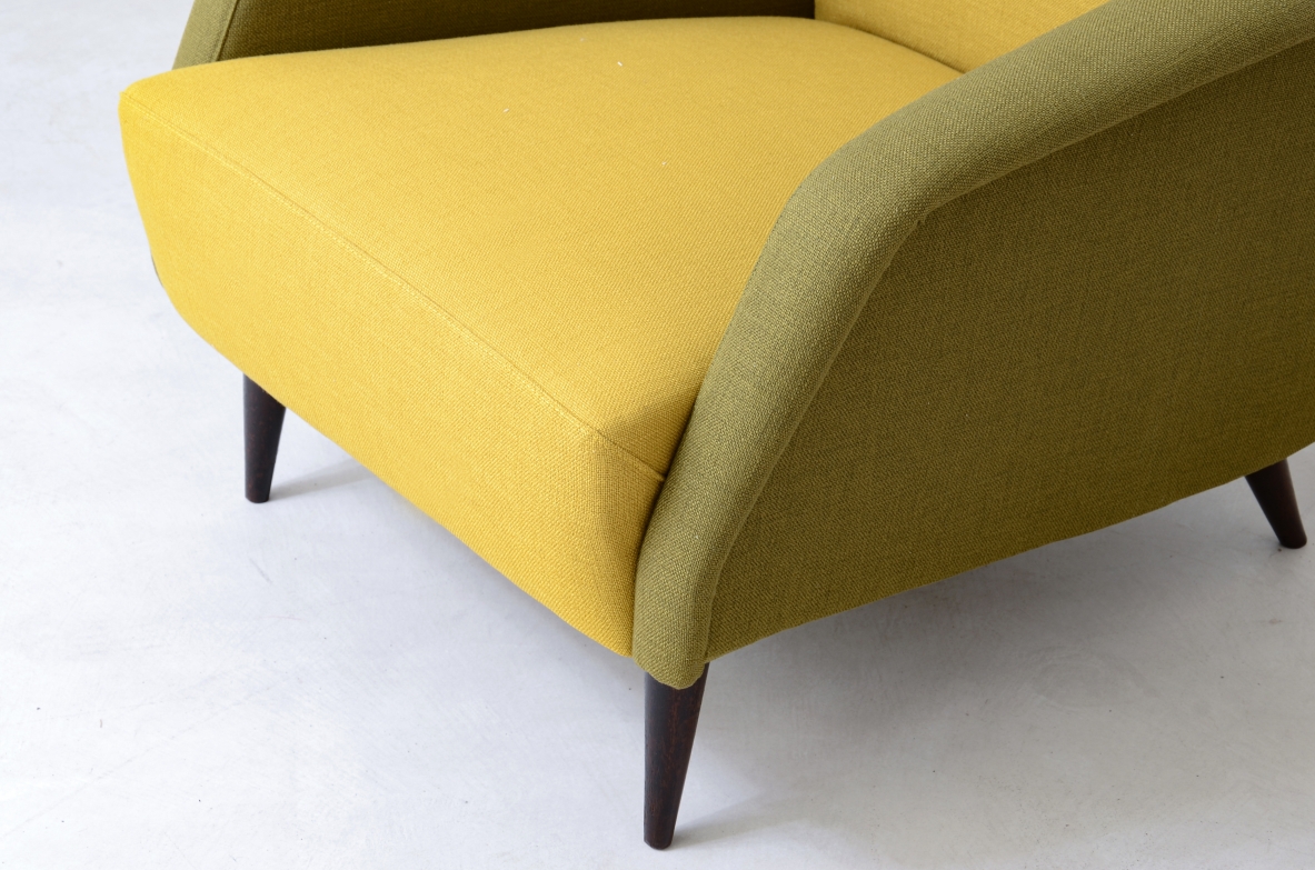 Carlo De Carli, Gio Ponti  Pair of model 802 armchairs covered in padded fabric. Designed in 1954 Cassina manufacture