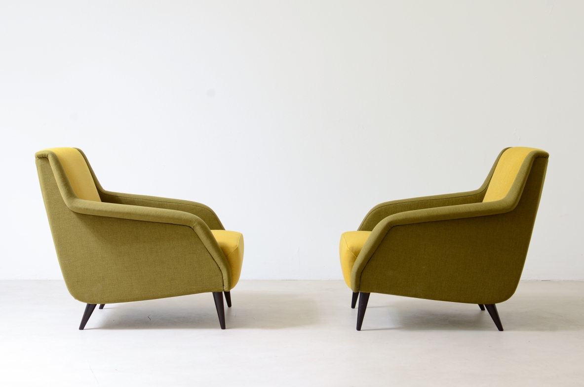 Carlo De Carli, Gio Ponti  Pair of model 802 armchairs covered in padded fabric. Designed in 1954 Cassina manufacture