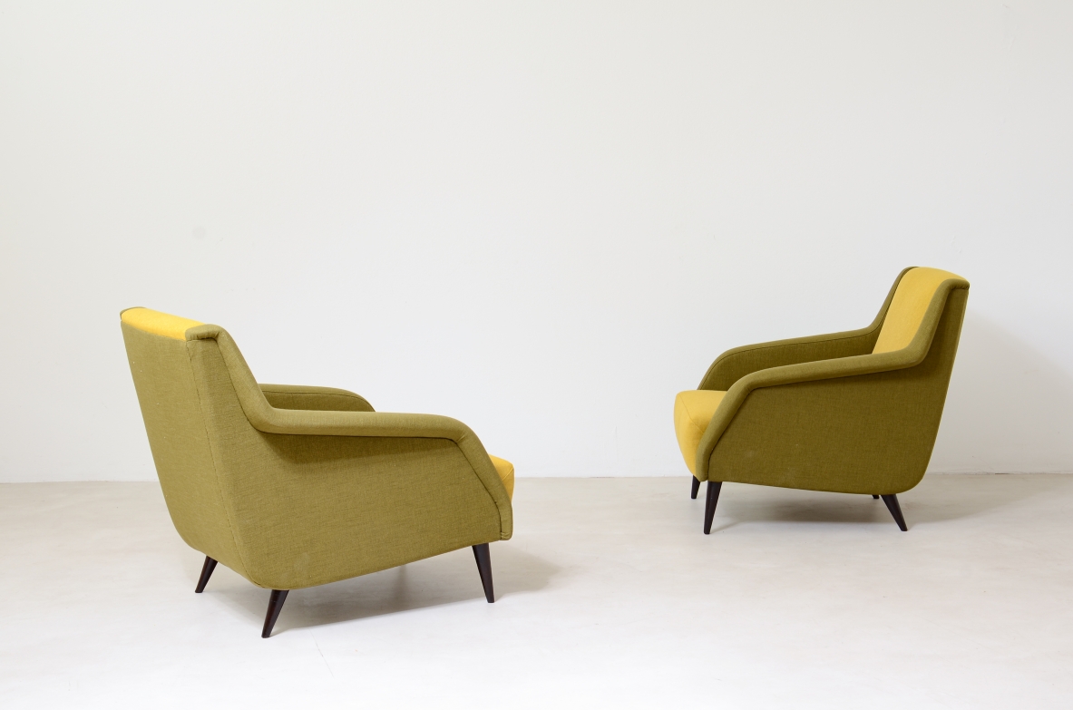 Carlo De Carli, Gio Ponti  Pair of model 802 armchairs covered in padded fabric. Designed in 1954 Cassina manufacture