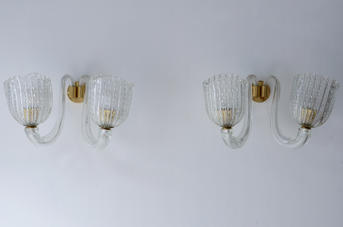 Barovier & Toso  Coppia di importanti applique a due bracci in vetro soffiato. Manifattura Murano, Venezia anni 40ca.