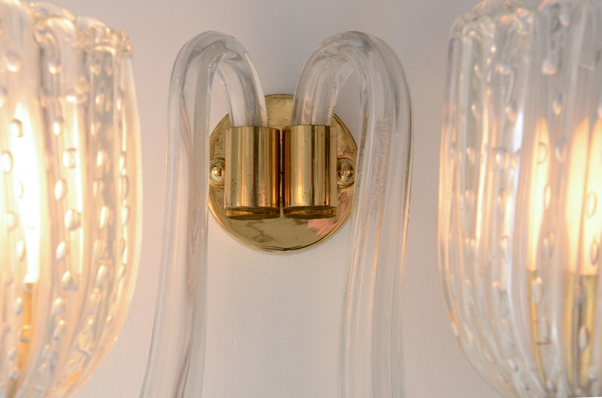 Barovier & Toso  Coppia di importanti applique a due bracci in vetro soffiato. Manifattura Murano, Venezia anni 40ca.