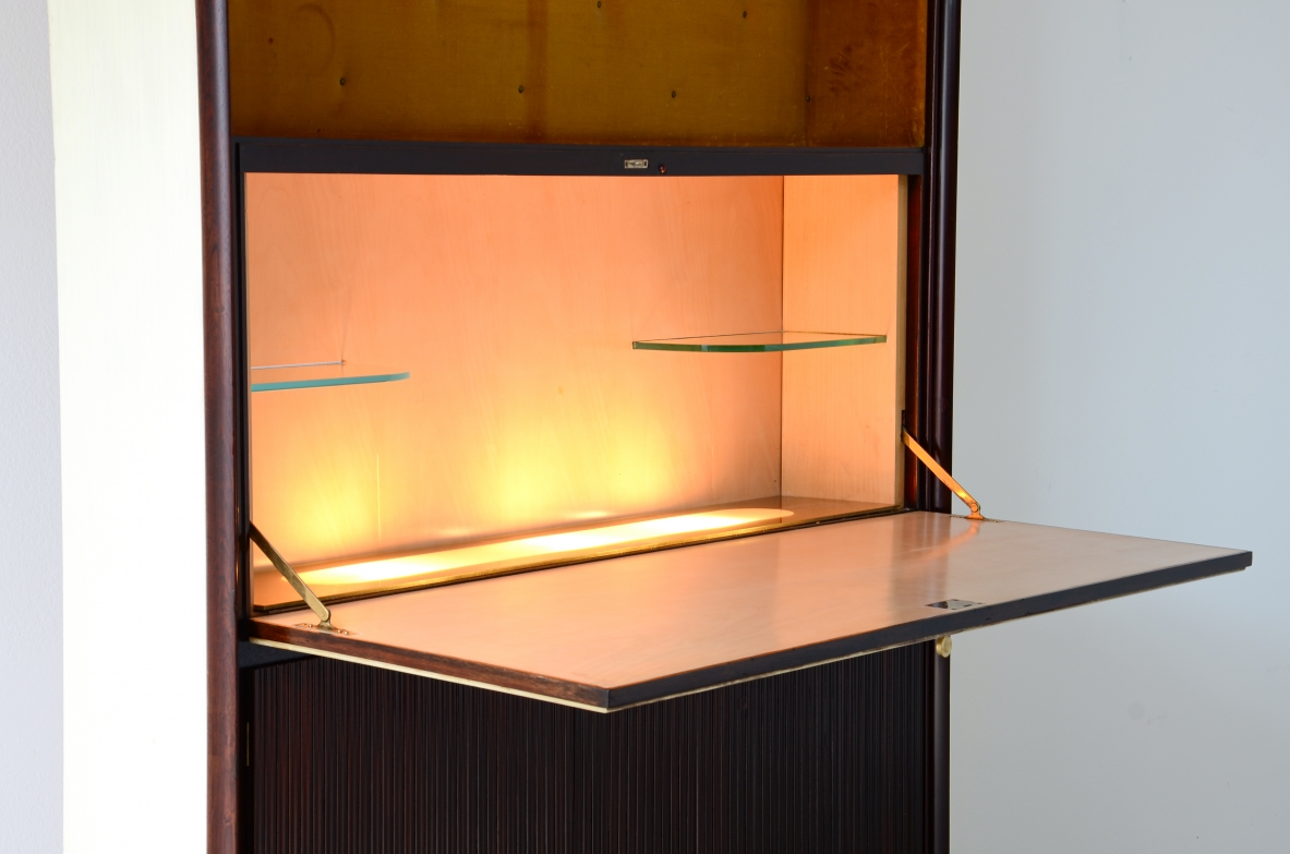 ABV Borsani  Large storage cabinet / bar / bookcase with central door painted on parchment ,two doors in grissinato wood, illuminated bar container