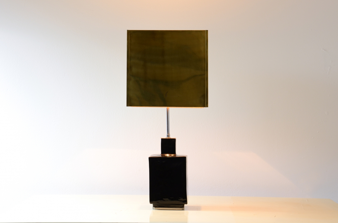 Willy Rizzo Large table lamp with glazed ceramic base and brass shade 1970