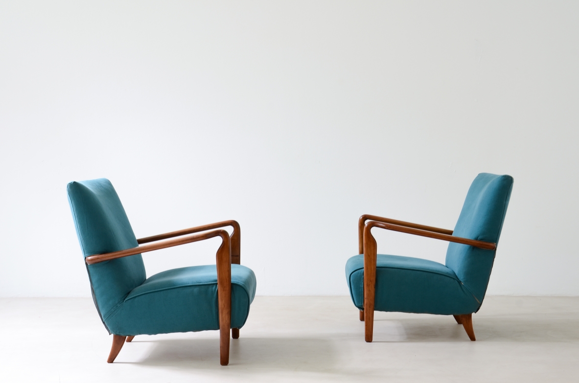 Pair of small armchairs in upholstered fabric, Amedeo Cassina, 1950ca.