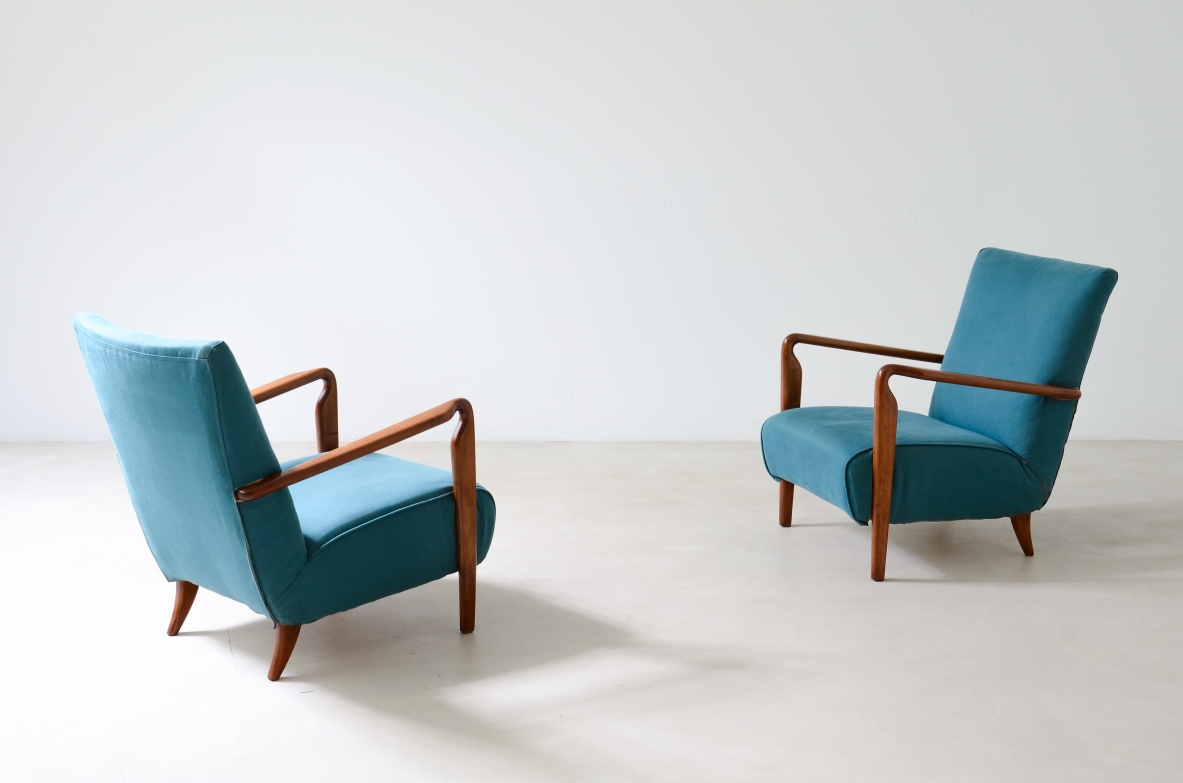 Pair of small armchairs in upholstered fabric, Amedeo Cassina, 1950ca.