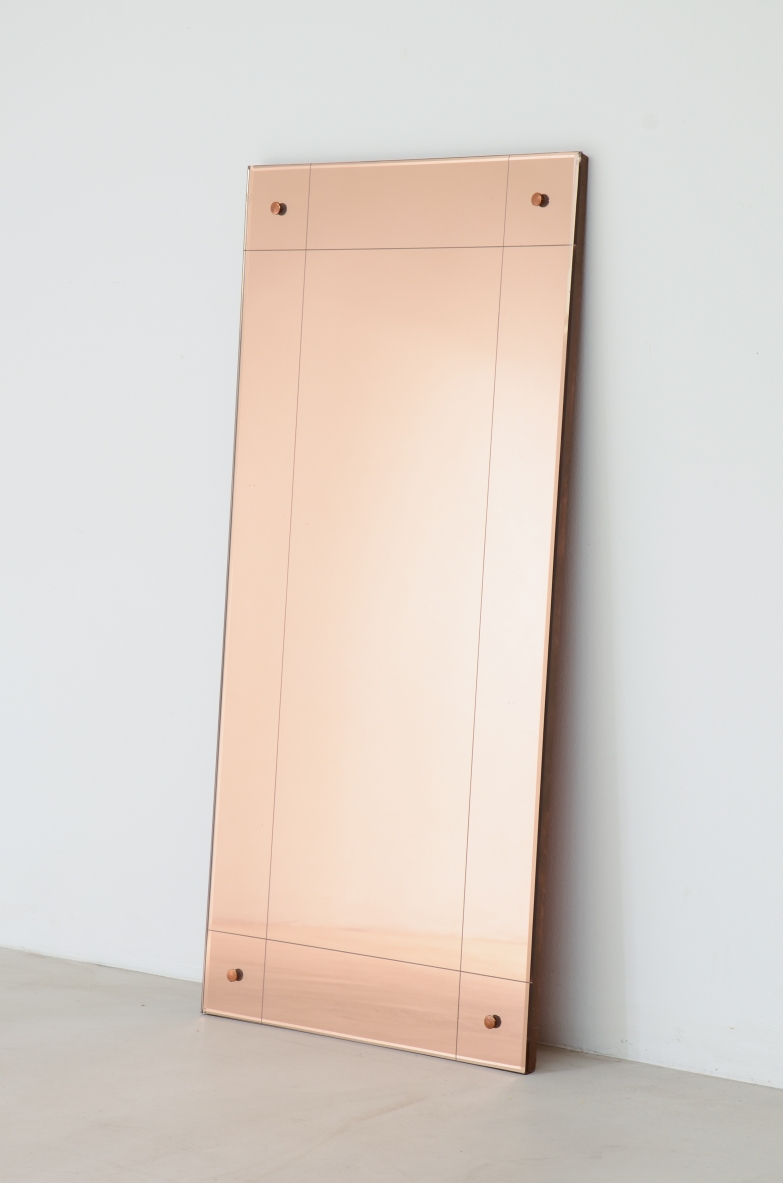 Powder pink mirror with burin engraved motif.  Italian manufacture from the 1940s