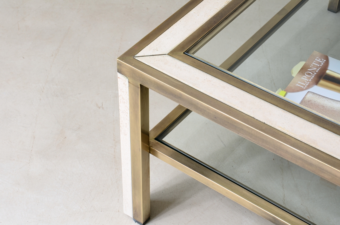 Romeo Rega  Large low brass table with travertine applications 