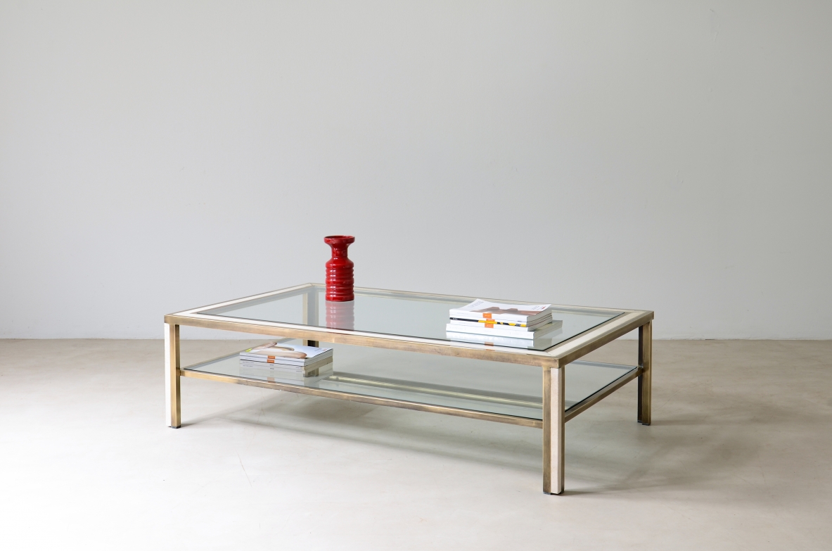 Romeo Rega  Large low brass table with travertine applications 