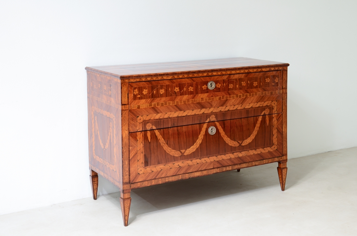 Extraordinary inlaid cabinet with two drawers.  Louis XVI era,