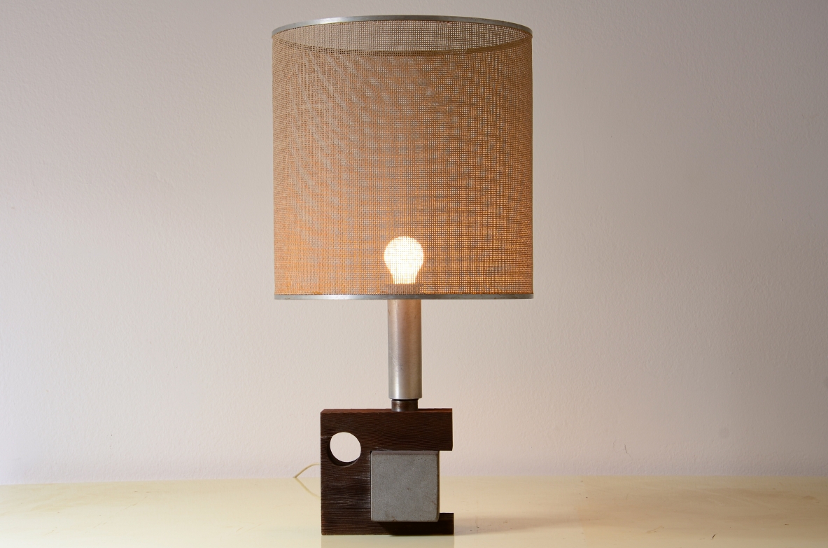 Table lamp with wooden and stone base, metal finishes and original 1970s lampshade.
