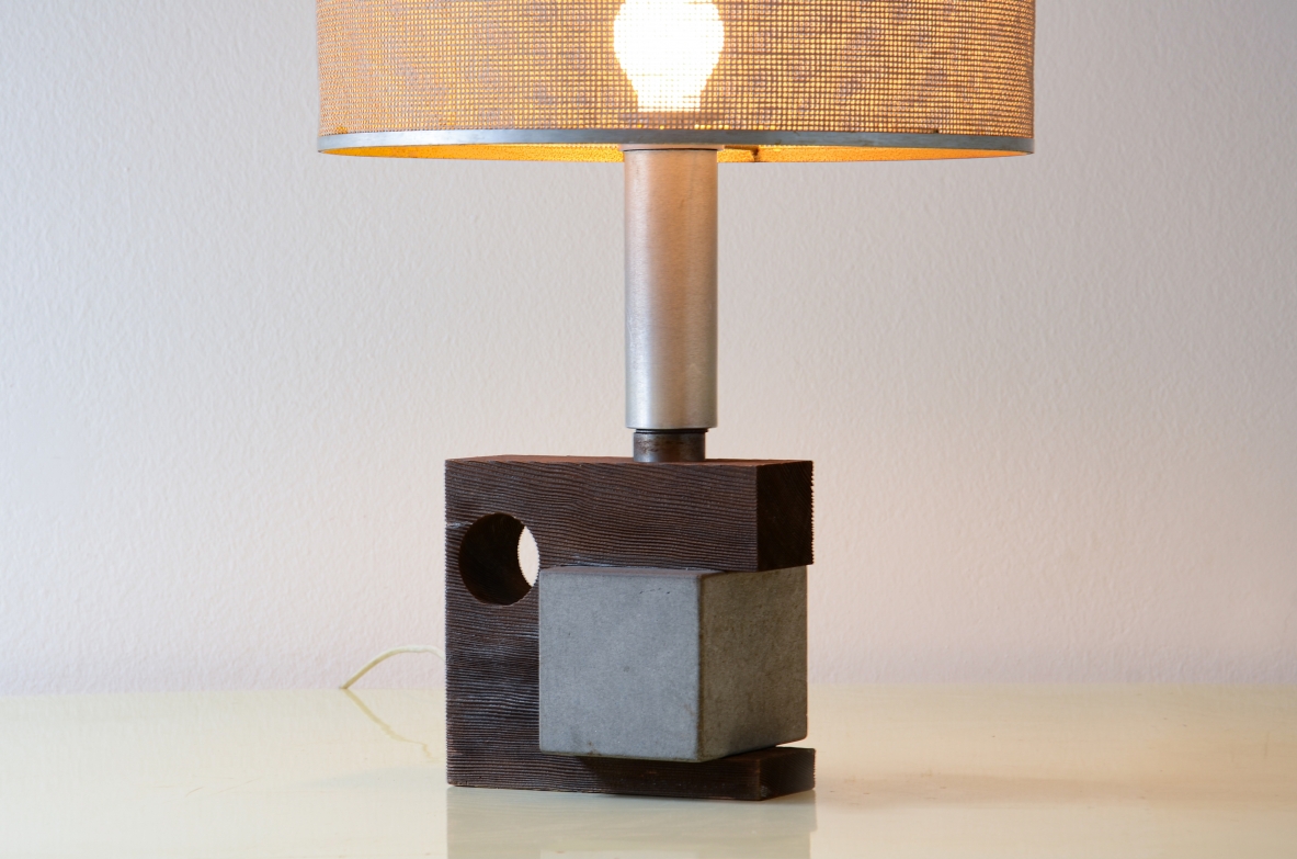 Table lamp with wooden and stone base, metal finishes and original 1970s lampshade.