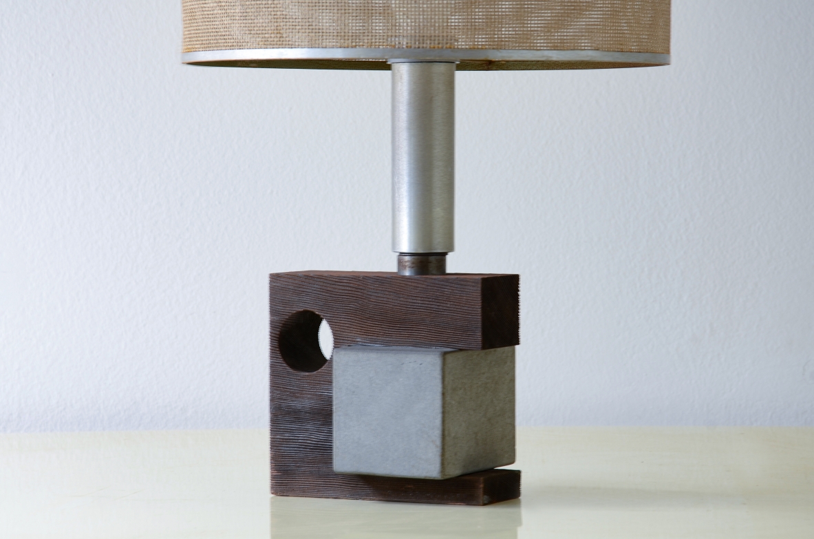 Table lamp with wooden and stone base, metal finishes and original 1970s lampshade.