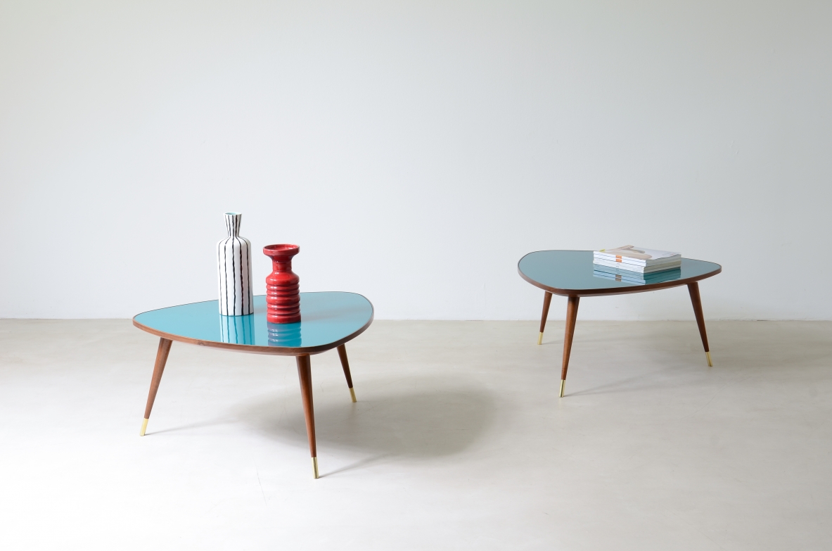 Osvaldo Borsani  Pair of coffee tables with cut glass top