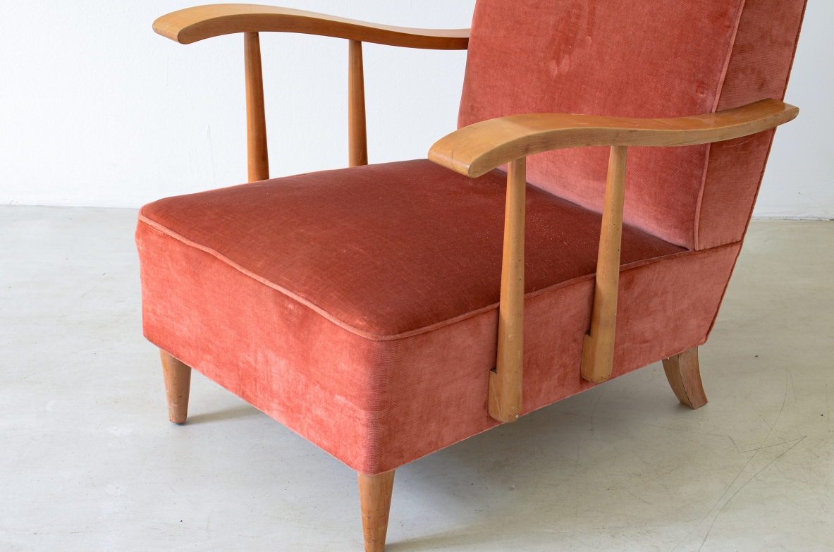 Pair of armchairs in blond wood and padded fabric.  Italian manufacture, ca. 1940.