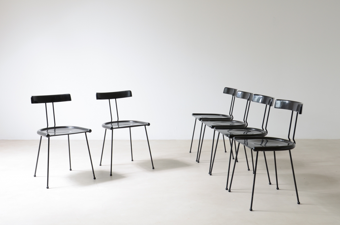 6 chairs in lacquered wood and burnished metal.  Italian 1970s manufacture.