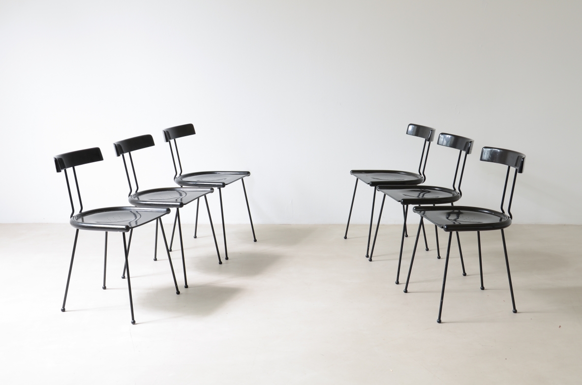 6 chairs in lacquered wood and burnished metal.  Italian 1970s manufacture.