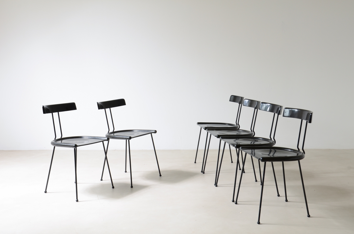 6 chairs in lacquered wood and burnished metal.  Italian 1970s manufacture.