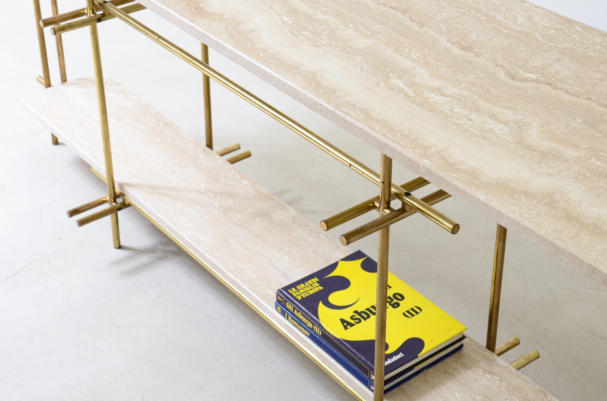 Elegant console with brass structure and travertine marble tops.  Italian manufacture, 1970s