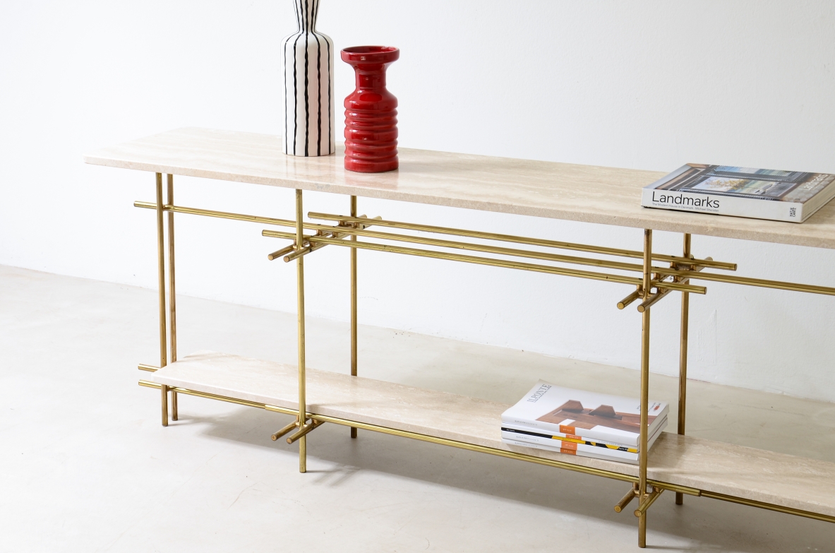 Elegant console with brass structure and travertine marble tops.  Italian manufacture, 1970s
