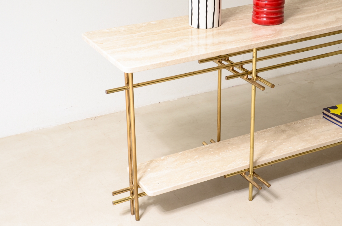 Elegant console with brass structure and travertine marble tops.  Italian manufacture, 1970s