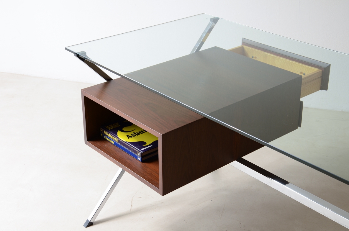 Franco Albini Center desk with drawers, polished steel and tempered glass top.