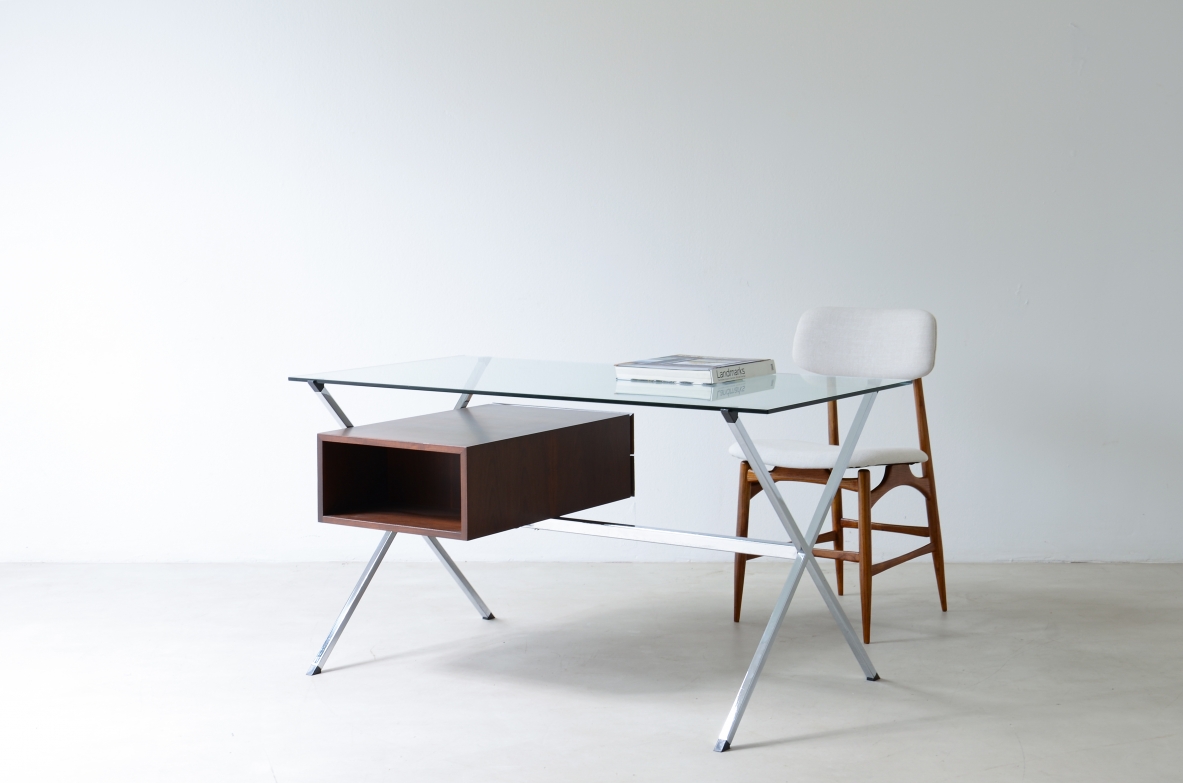 Franco Albini Center desk with drawers, polished steel and tempered glass top.