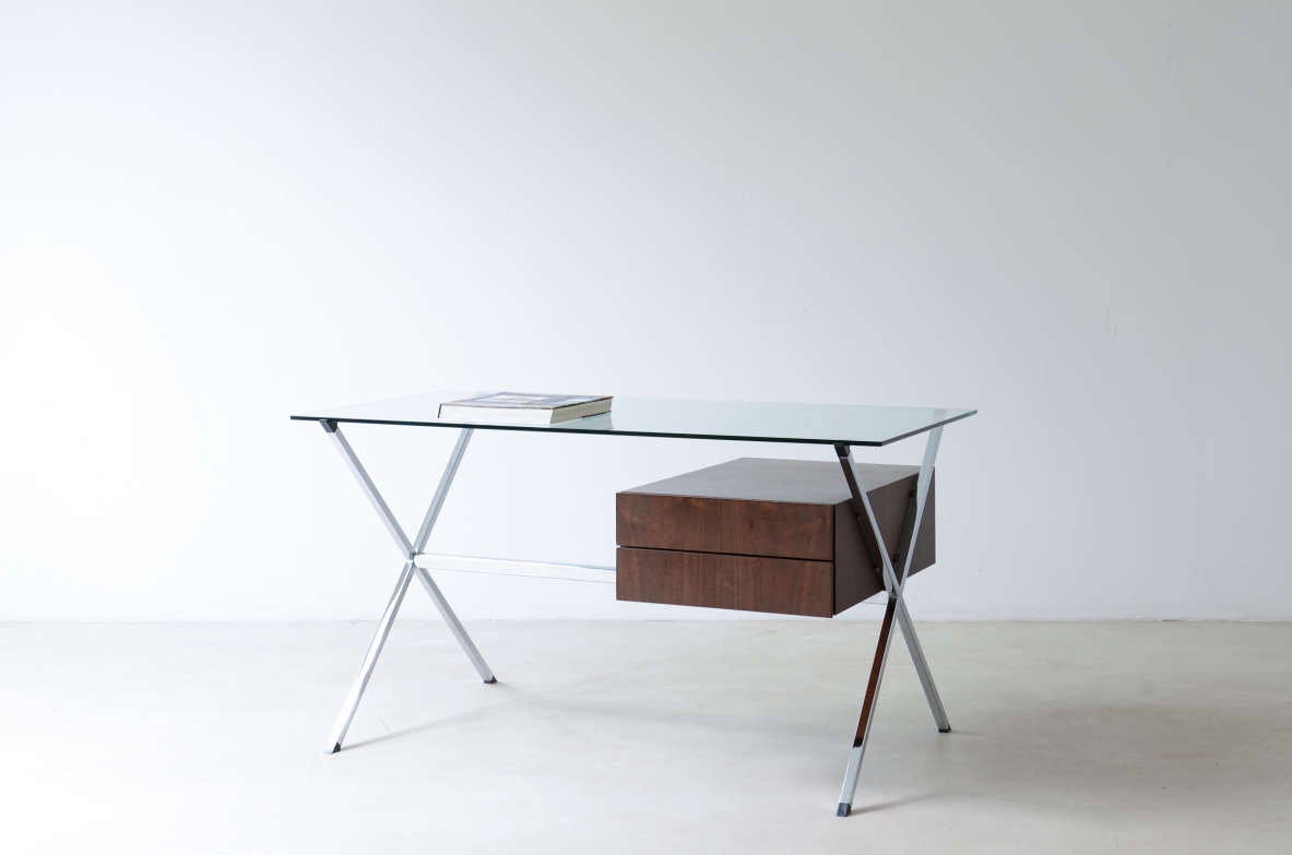 Franco Albini Center desk with drawers, polished steel and tempered glass top.