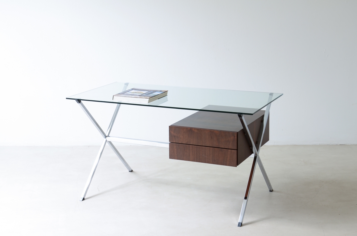 Franco Albini Center desk with drawers, polished steel and tempered glass top.