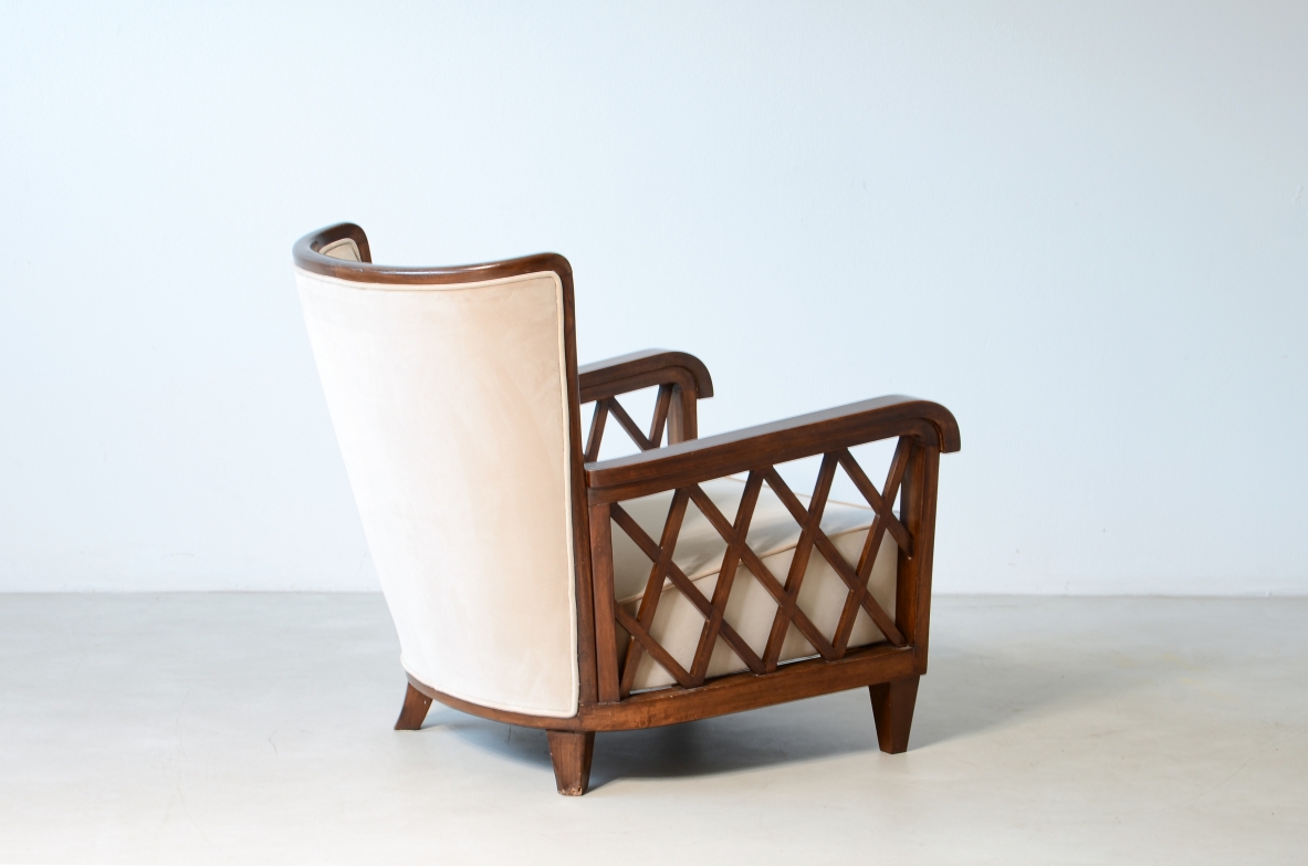 Maurizio Tempestini  Pair of armchairs in shaped wood and padded fabric.  Italian manufacture, Florence 1955ca.