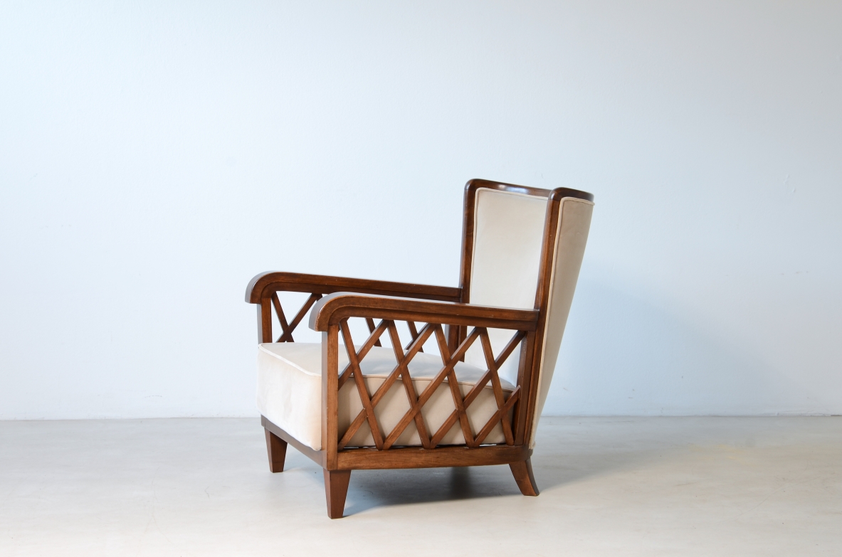 Maurizio Tempestini  Pair of armchairs in shaped wood and padded fabric.  Italian manufacture, Florence 1955ca.