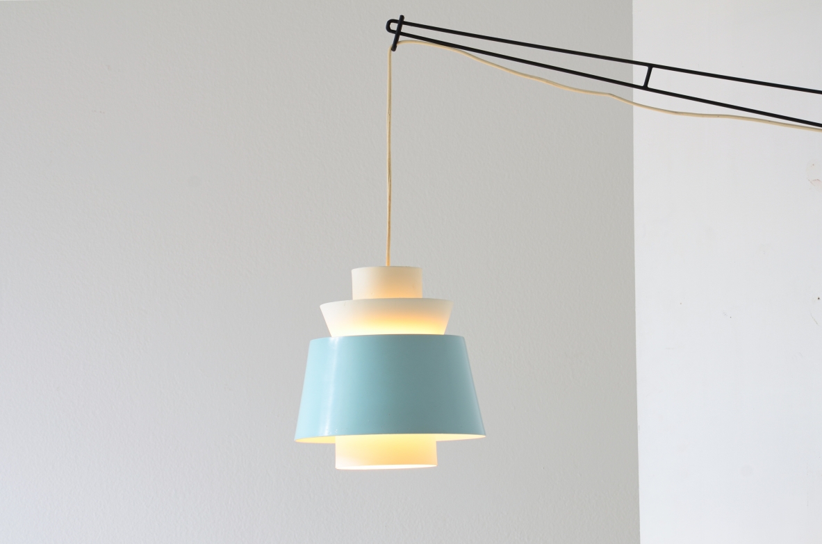 Rare lamp with colored hat with original paint in perfect condition and iron stem.  Denmark-Netherlands, 1950-60ca.
