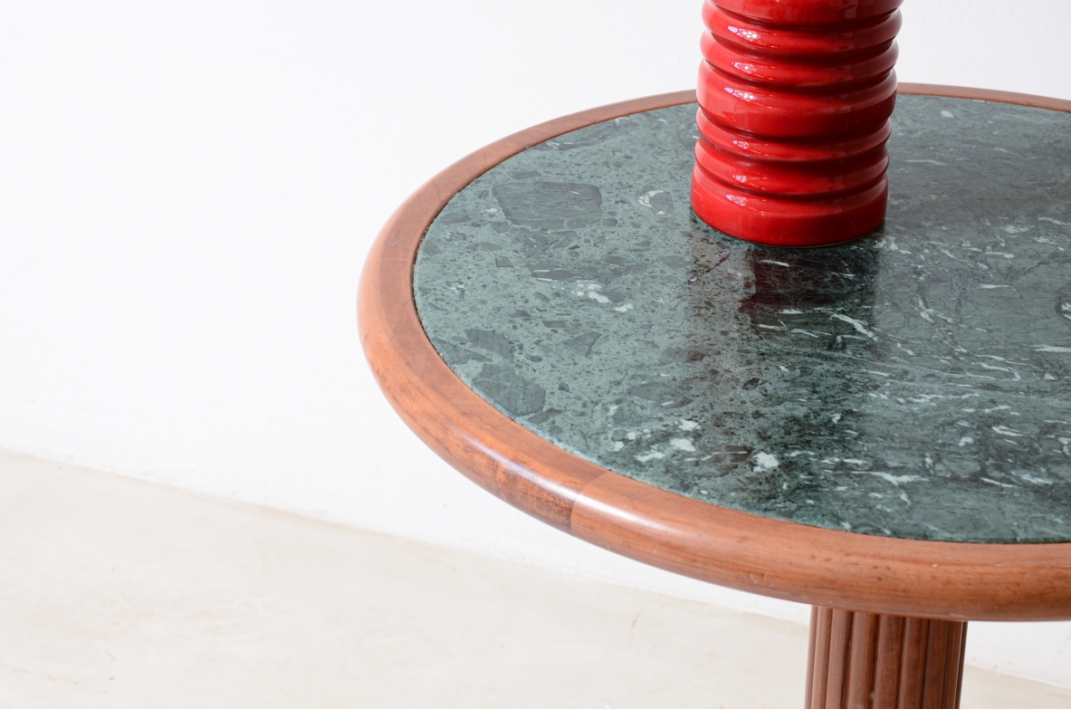 Pair of side tables with turned wooden column and green Alpi marble top.1940