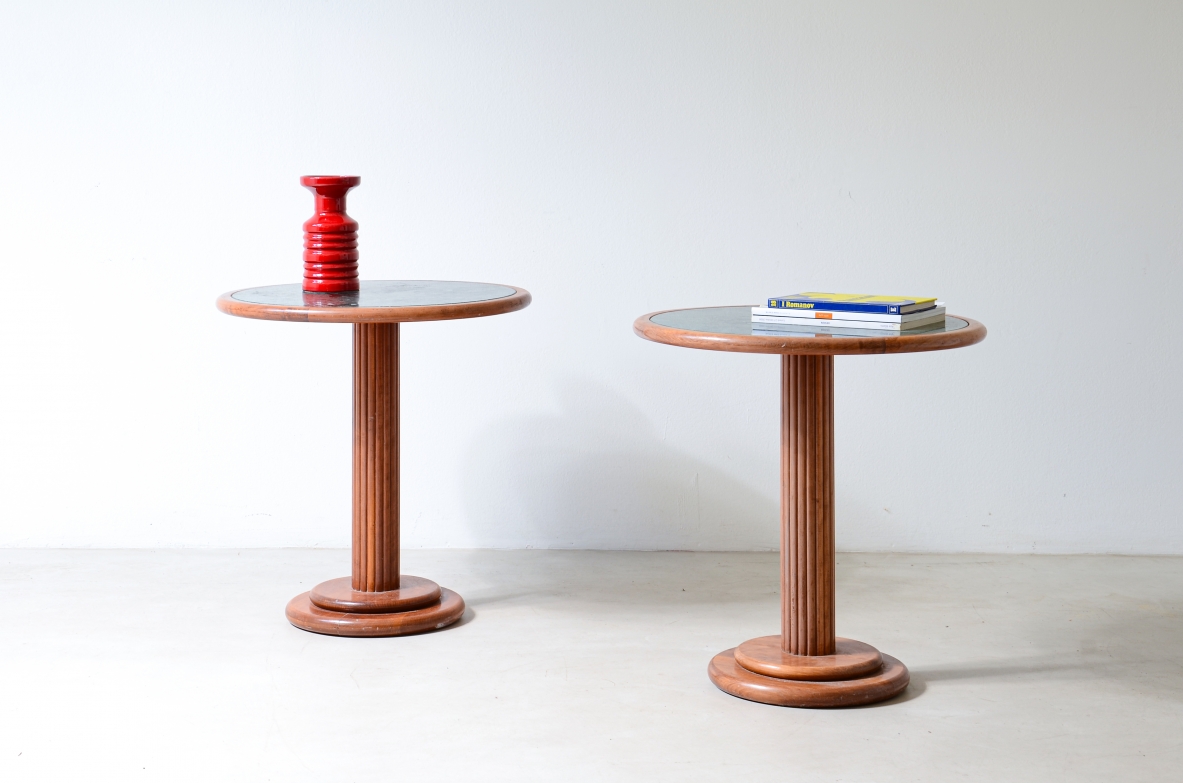 Pair of side tables with turned wooden column and green Alpi marble top.1940
