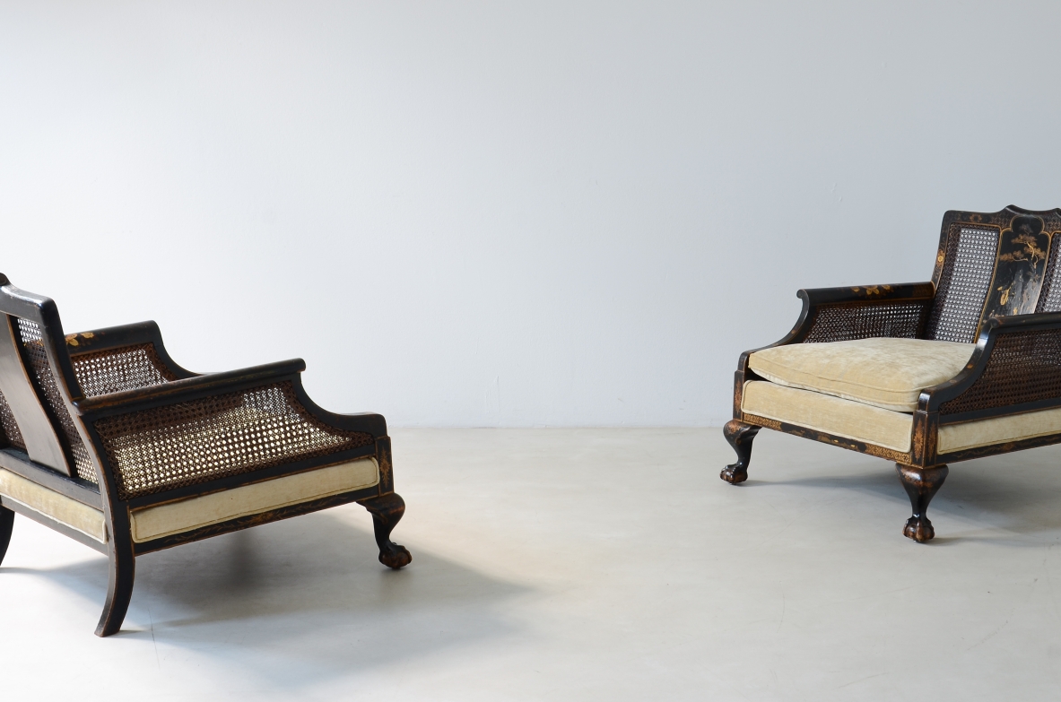 pair of colonial armchairs in lacquered wood and hand painted with oriental motifs.UK manufacture, Victorian Period ca.1860-1880.