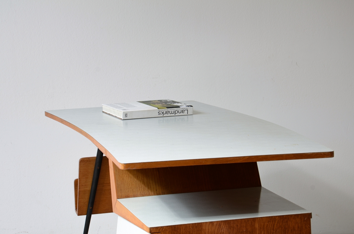 rationalist style desk in metal and wood with methacrylate covered tops 1950's