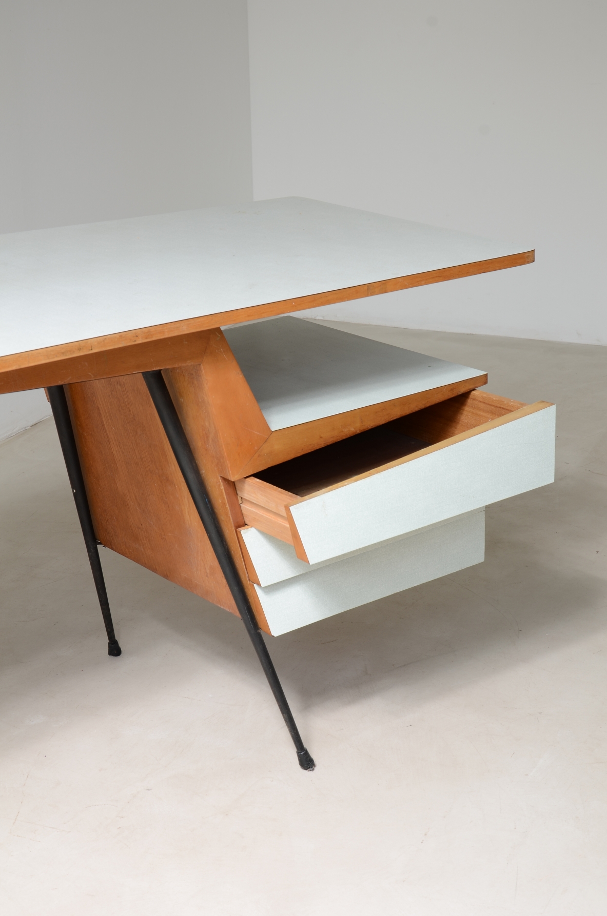 rationalist style desk in metal and wood with methacrylate covered tops 1950's