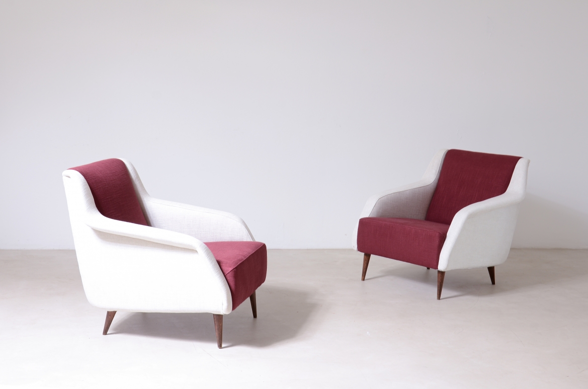 Carlo De Carli, Gio Ponti  Pair of Mod.802 armchairs covered in padded fabric. Designed in 1954 Cassina