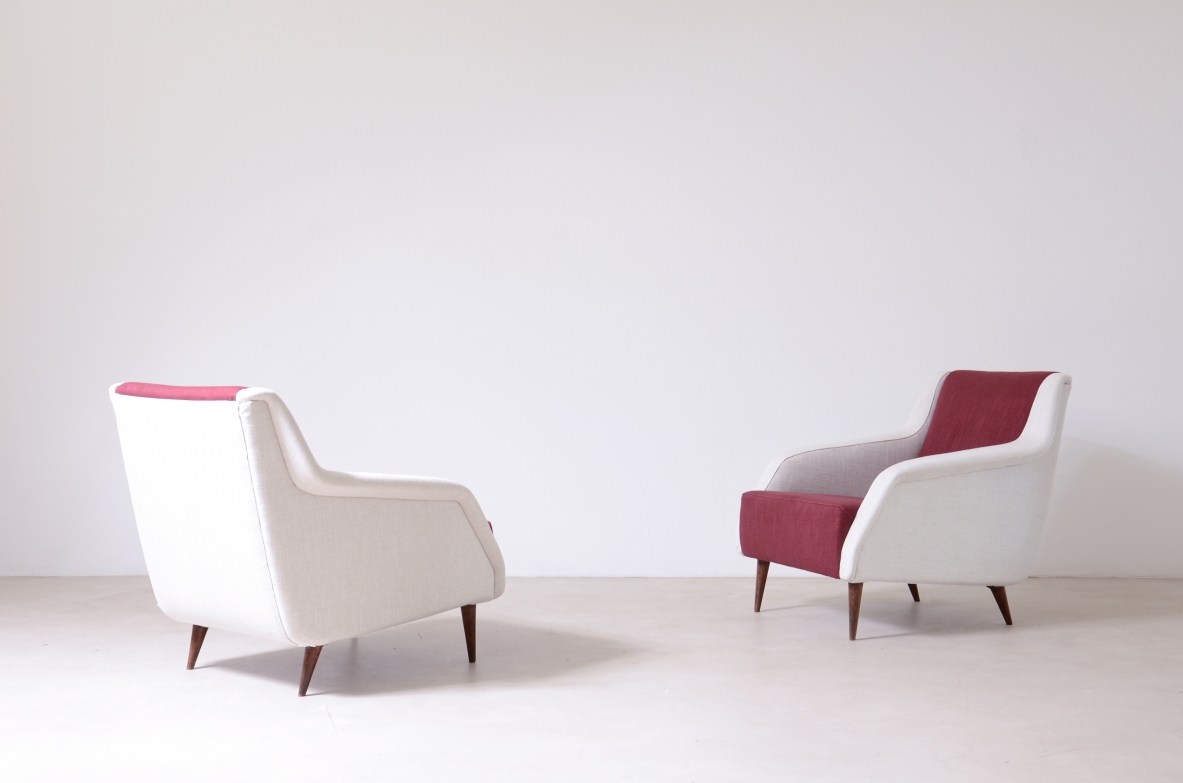 Carlo De Carli, Gio Ponti  Pair of Mod.802 armchairs covered in padded fabric. Designed in 1954 Cassina