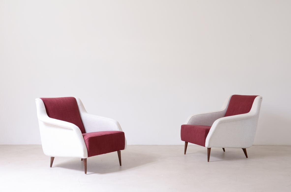 Carlo De Carli, Gio Ponti  Pair of Mod.802 armchairs covered in padded fabric. Designed in 1954 Cassina