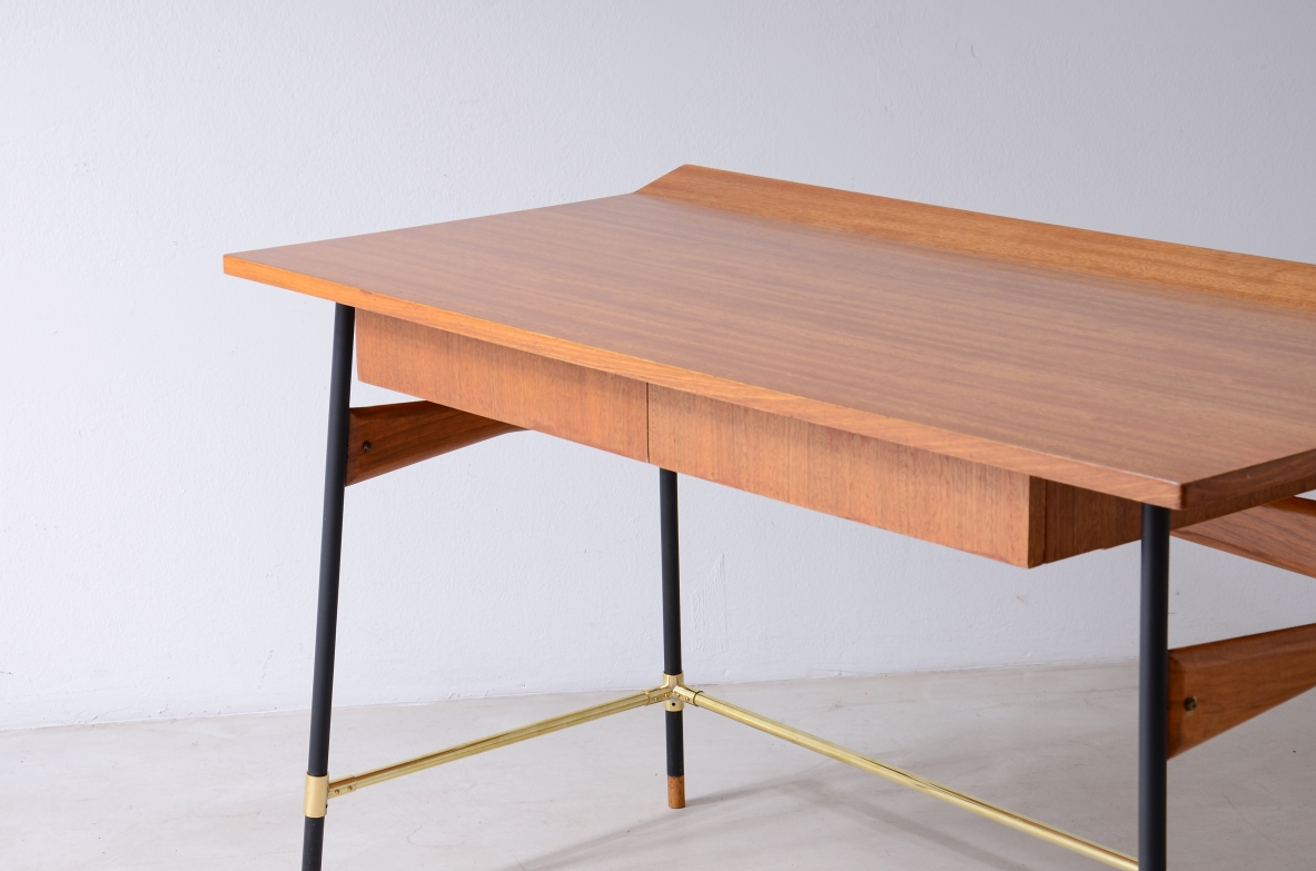 Desk with wooden top and drawers, metal and brass structure.Italian manufacture 60s.