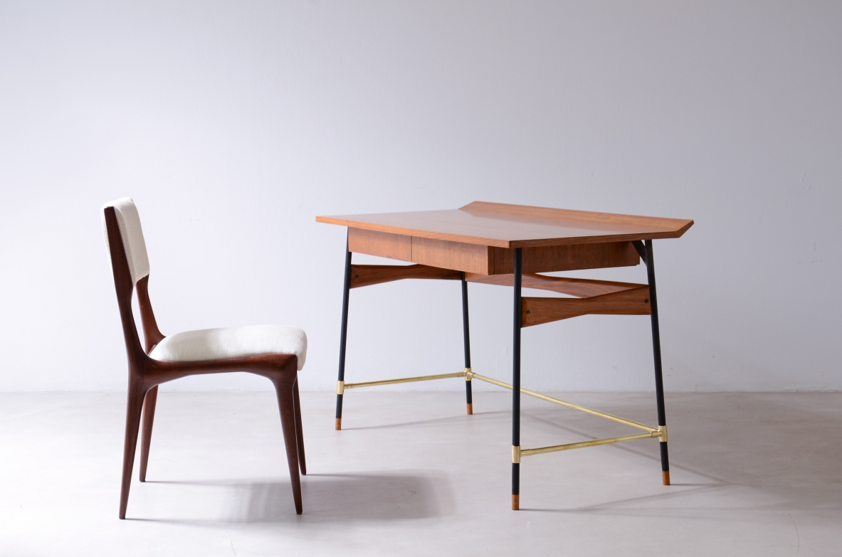 Desk with wooden top and drawers, metal and brass structure.Italian manufacture 60s.