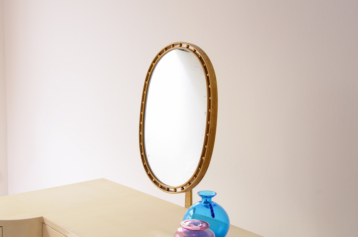 Elegant lacquered wood dressing table/console/desk with tilting brass mirror, Italian manufacture, ca. 1930