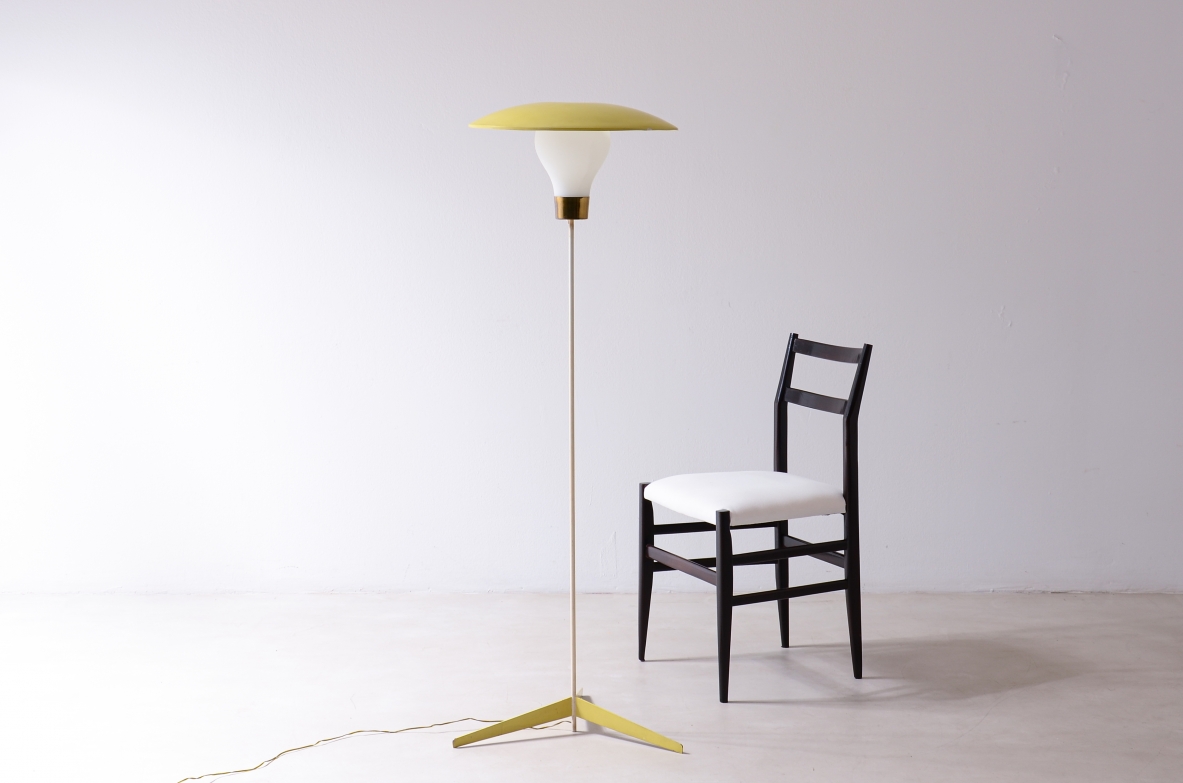 Attr. Stilnovo Milano1960s.Metal and brass lamp with opaline glass lampshade. Original color