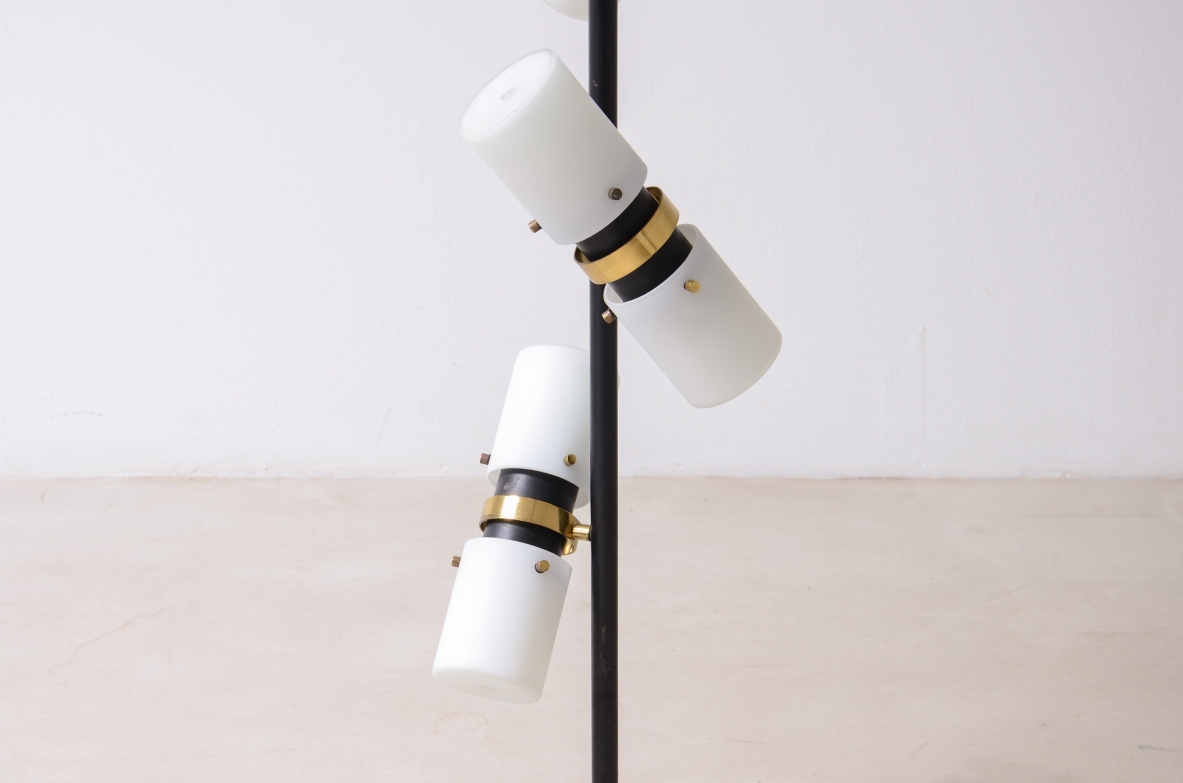 Angelo Brotto. Rare 12-light floor lamp with metal stem,  brass with opaline glass