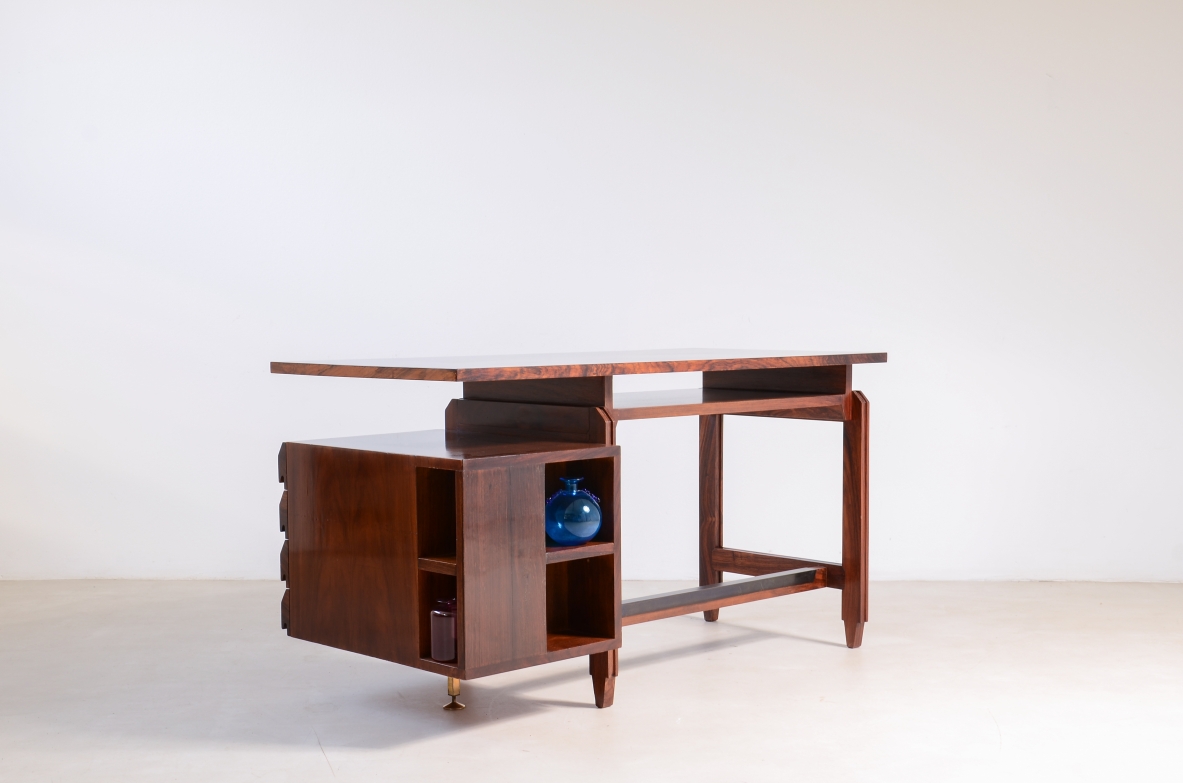 Elegant center desk with double top, four drawers and bookcase compartments.Italian manufacture, 1960s