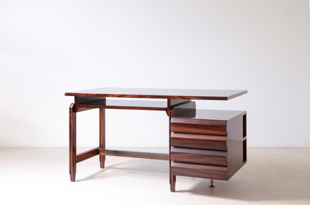 Elegant center desk with double top, four drawers and bookcase compartments.Italian manufacture, 1960s