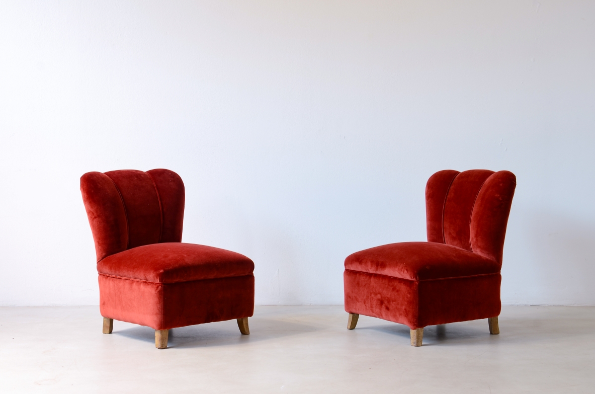 Pair of small armchairs covered in padded velvet.  Attr. Guglielmo Ulrich, ca.1940.