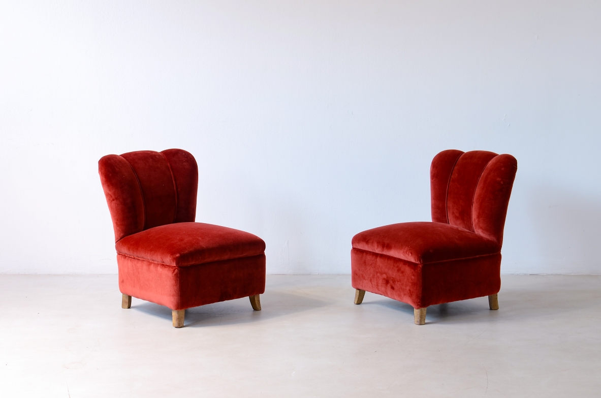 Pair of small armchairs covered in padded velvet.  Attr. Guglielmo Ulrich, ca.1940.