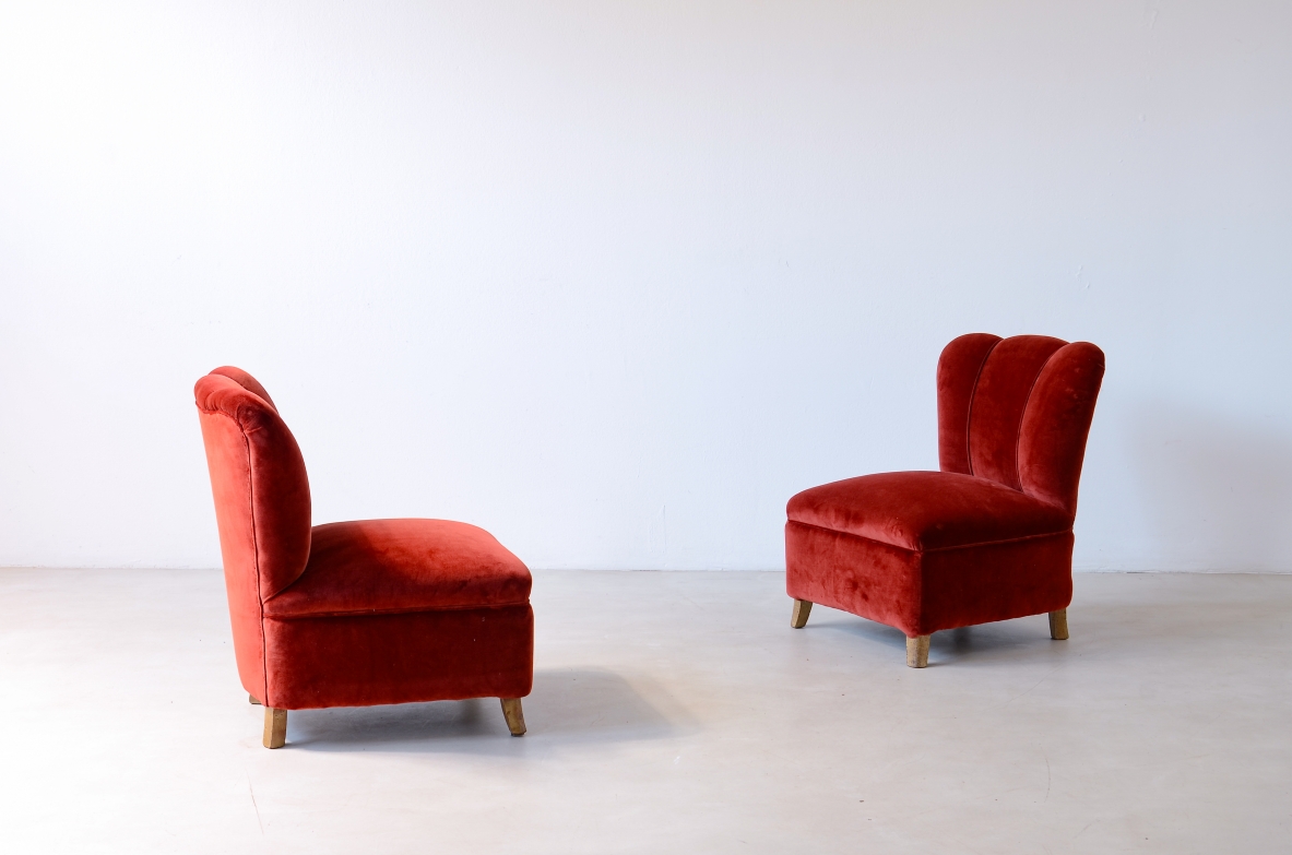 Pair of small armchairs covered in padded velvet.  Attr. Guglielmo Ulrich, ca.1940.